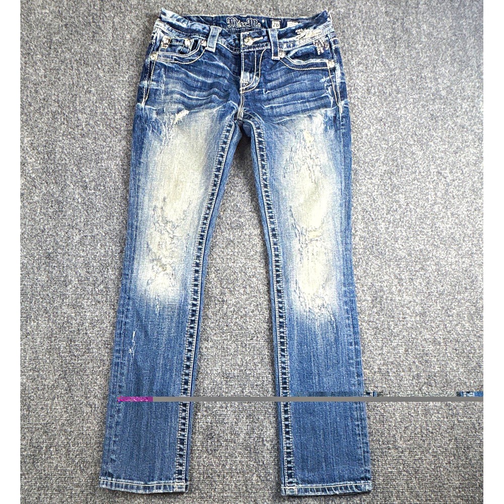 Miss Me Signature Straight Jeans Womens 26 Distressed Sequin Pockets Y2K MM Logo